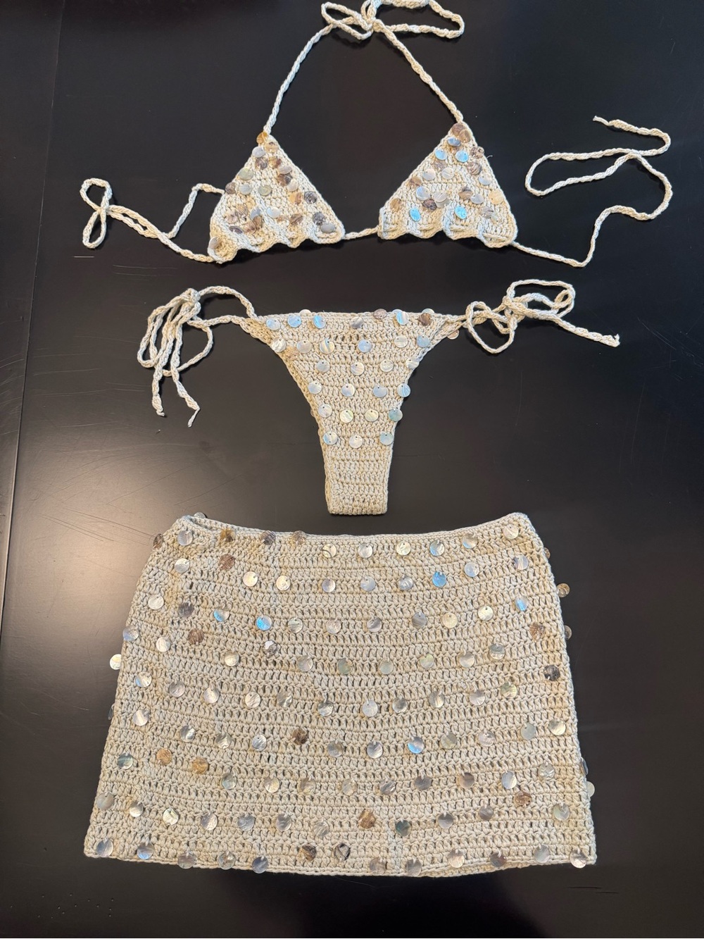 White Fox Boutique Beige Crochet Sequin Bikini Set with Skirt